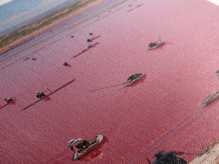Pink African Lake With Boats And Salt Workers Framed Canvas Print, Lake Retba Landscape, Vibrant Travel Wall Decor Gift Art