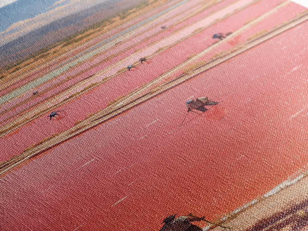 African Pink Salt Ponds With Mountains Wall Art, Lake Retba Workers Landscape Print, Vibrant Travel Decor For Living Room