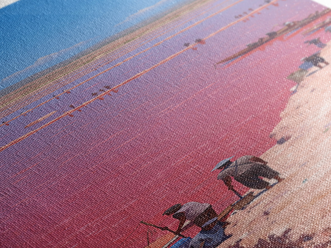 Panoramic Pink African Lake Harbor With Boats Canvas Print, Salt Flat Landscape, Travel Wall Decor Gift For Living Room Art