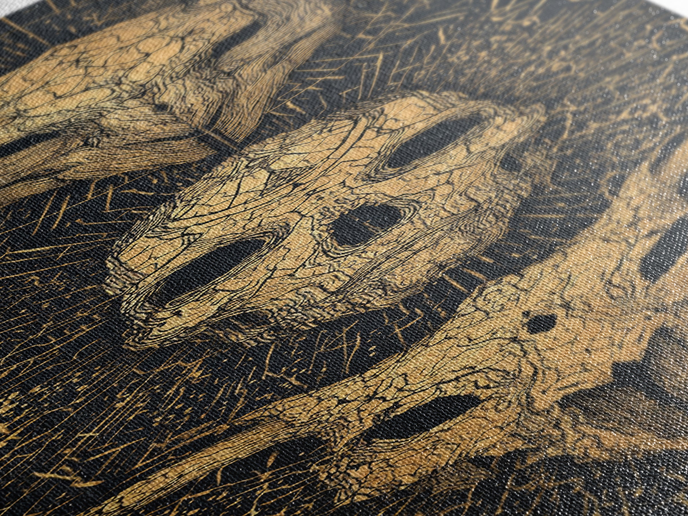 Golden Animal Skull Totem Wall Art, Dark Gothic Canvas Print, Tribal Mystical Home Decor, Unique Occult Statement Poster Gift
