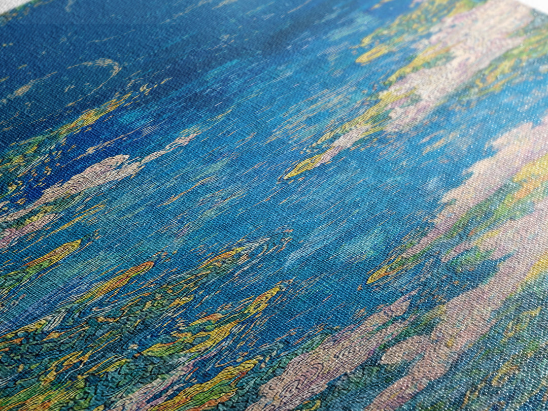 Blue Floral River Landscape Wall Art, Impressionist Garden Water Canvas Print, Nature Scene Art For Serene Home Decor Gift