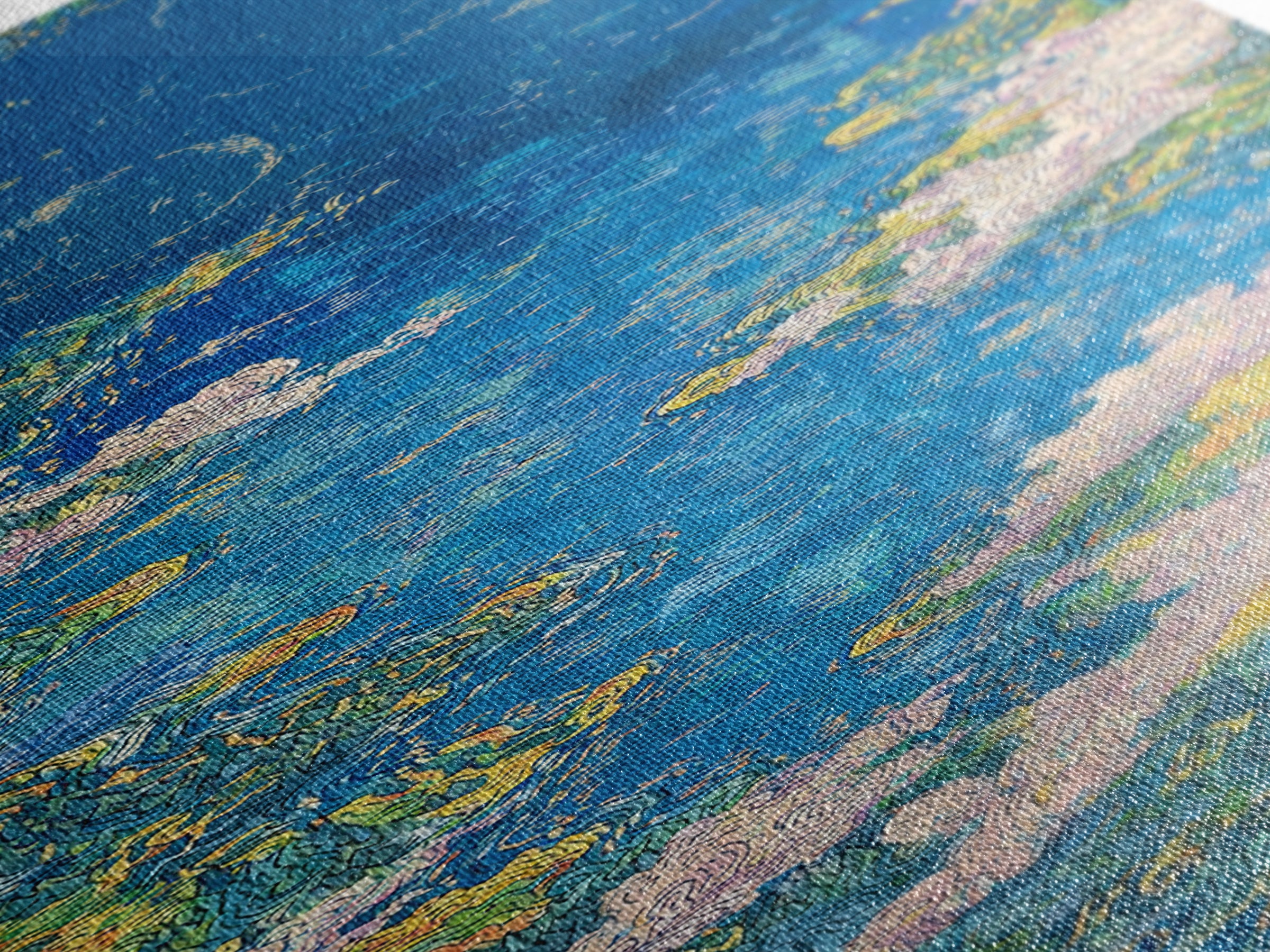 Blue Floral River Landscape Wall Art, Impressionist Garden Water Canvas Print, Nature Scene Art For Serene Home Decor Gift