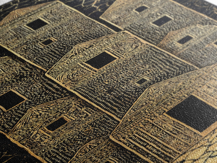 Gold Tribal Desert Towers Wall Art, Black African Architecture Canvas Print, Ancient Village Pattern Home Decor Gift For Him