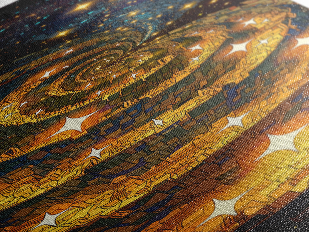 Golden Galaxy Spiral With Starry Night Lights, Canvas Print, Abstract Wall Art, Celestial Decor, Modern Statement Artwork