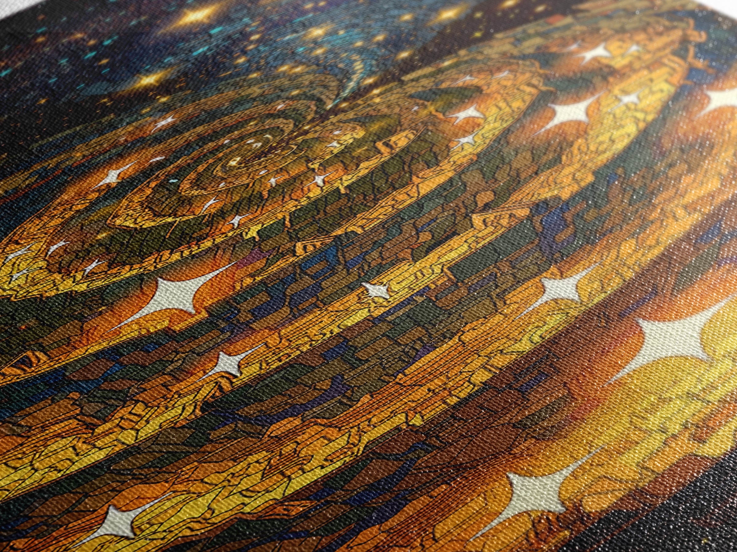Golden Galaxy Spiral With Starry Night Lights, Canvas Print, Abstract Wall Art, Celestial Decor, Modern Statement Artwork