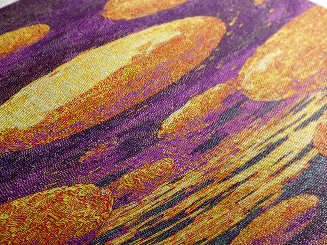Floating Golden Planets Over Purple Cosmic Water, Canvas Print, Abstract Wall Art, Vibrant Decor, Unique Home Decor Gift