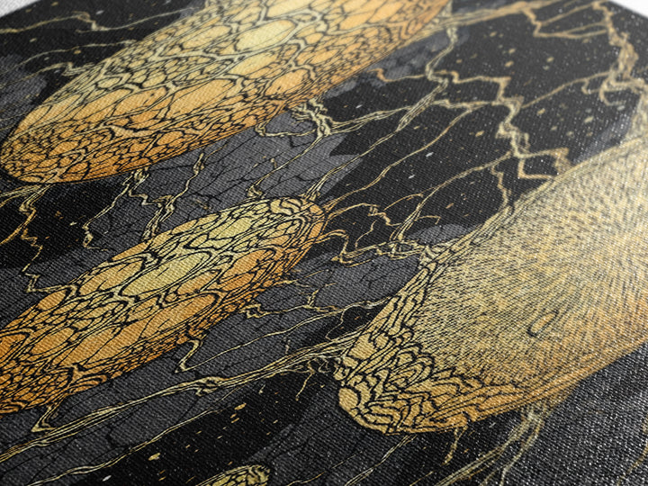 Cracked Golden Spheres With Marble Veins, Framed Canvas Print, Abstract Wall Art, Black And Gold Decor, Luxury Artwork For Home