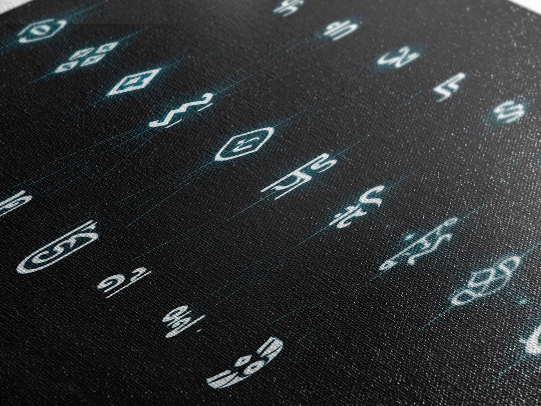 Glowing Cyan Mystic Glyphs Wall Art, Afrocentric Abstract Symbols, Spiritual Minimalist Black Decor, Modern Tribal Canvas Print