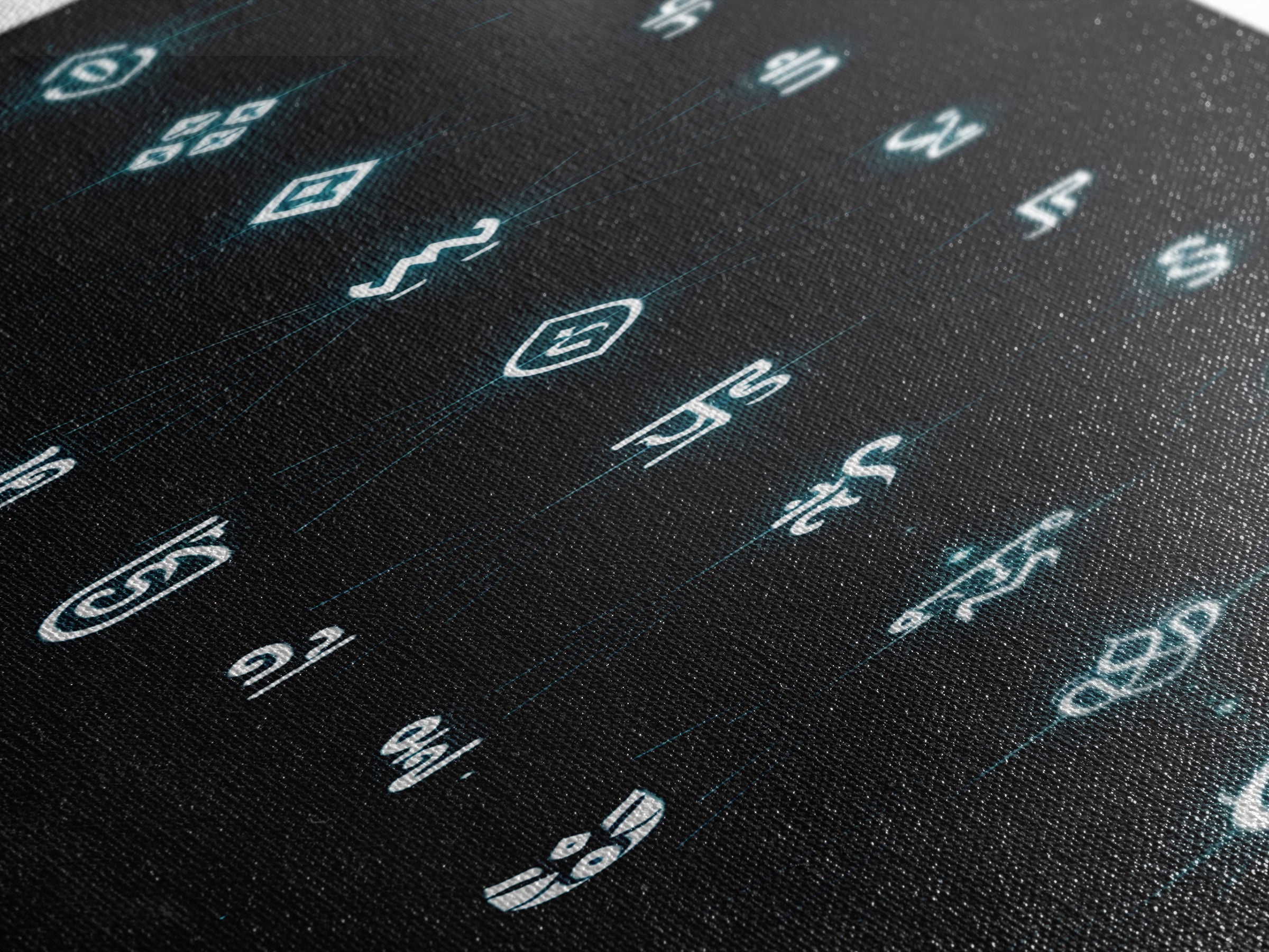 Glowing Cyan Mystic Glyphs Wall Art, Afrocentric Abstract Symbols, Spiritual Minimalist Black Decor, Modern Tribal Canvas Print