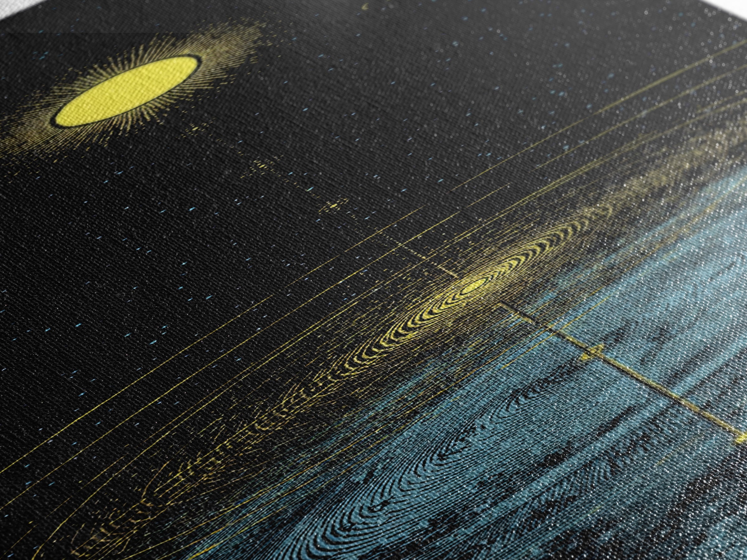 Golden Moon Over Cosmic Water Wall Art, Spiritual Celestial Abstract, Meditation Room Decor, Modern Black Canvas Print Gift