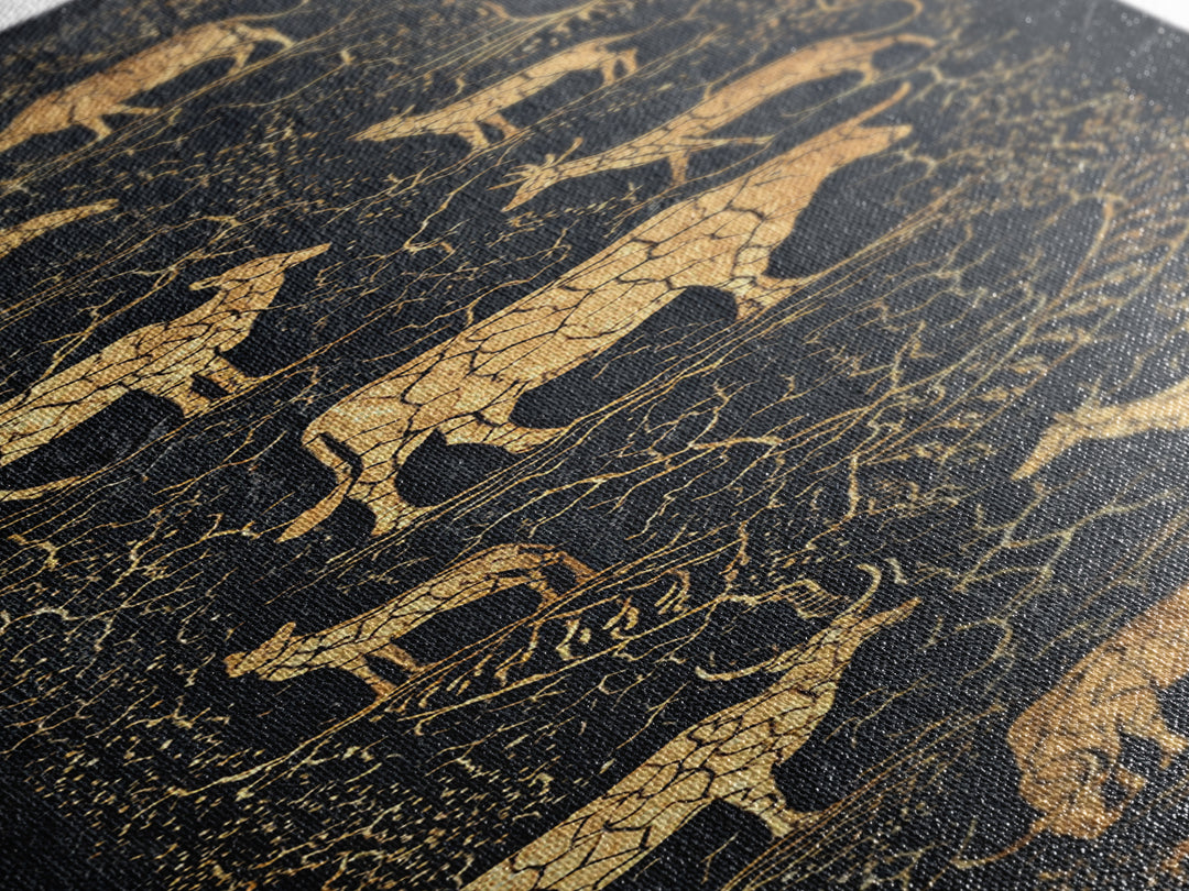 Gold Animal Silhouette African Safari Wall Art, Black Crackle Wildlife Canvas Decor, Tribal Art Print For Living Room Home Decor