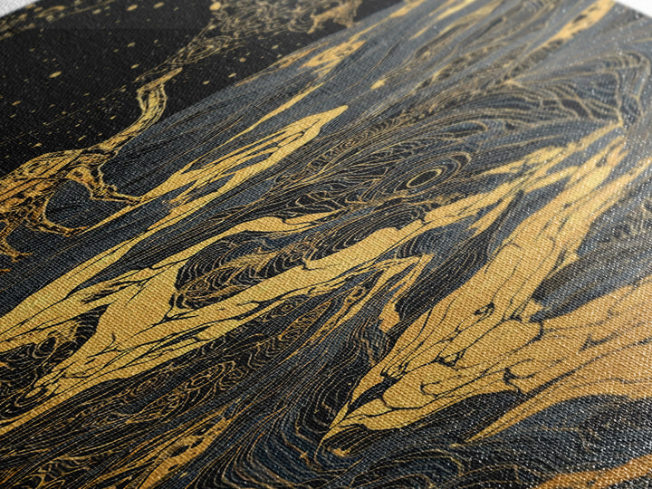 Golden Moon Elephants In Cosmic River Wall Art, African Safari Art, Black And Gold Decor, Mystical Landscape, Statement Print