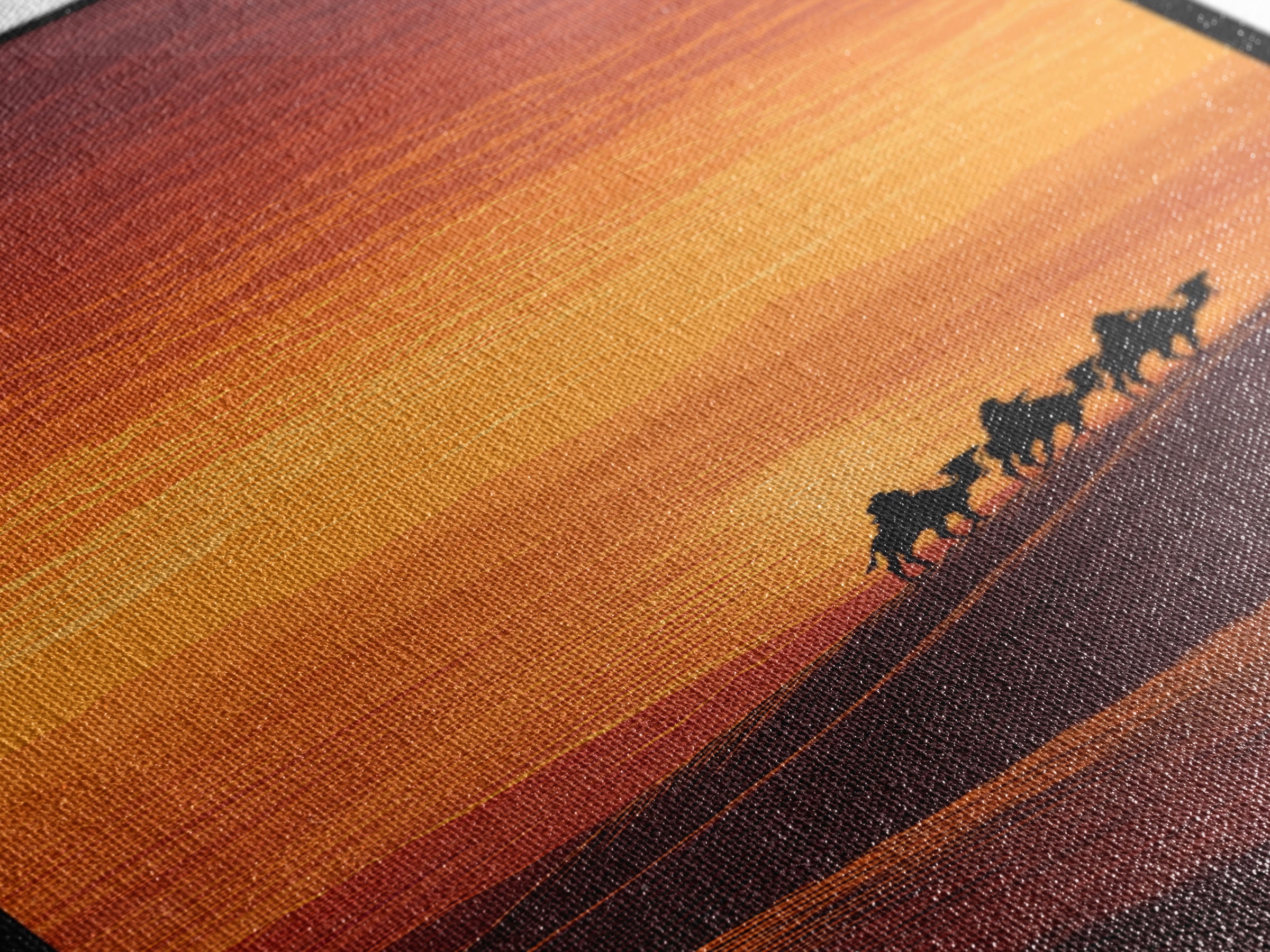 Sunset Camel Caravan Over Desert Dunes Canvas Print, African Landscape, Sahara Travel Wall Decor, Warm Orange Safari Art