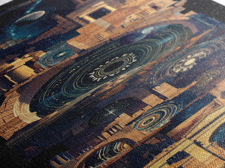 Ancient Temple Night Wall Art, Mystical Ruins Under Moon, African Inspired Architecture, Spiritual Blue Gold Home Decor Gift