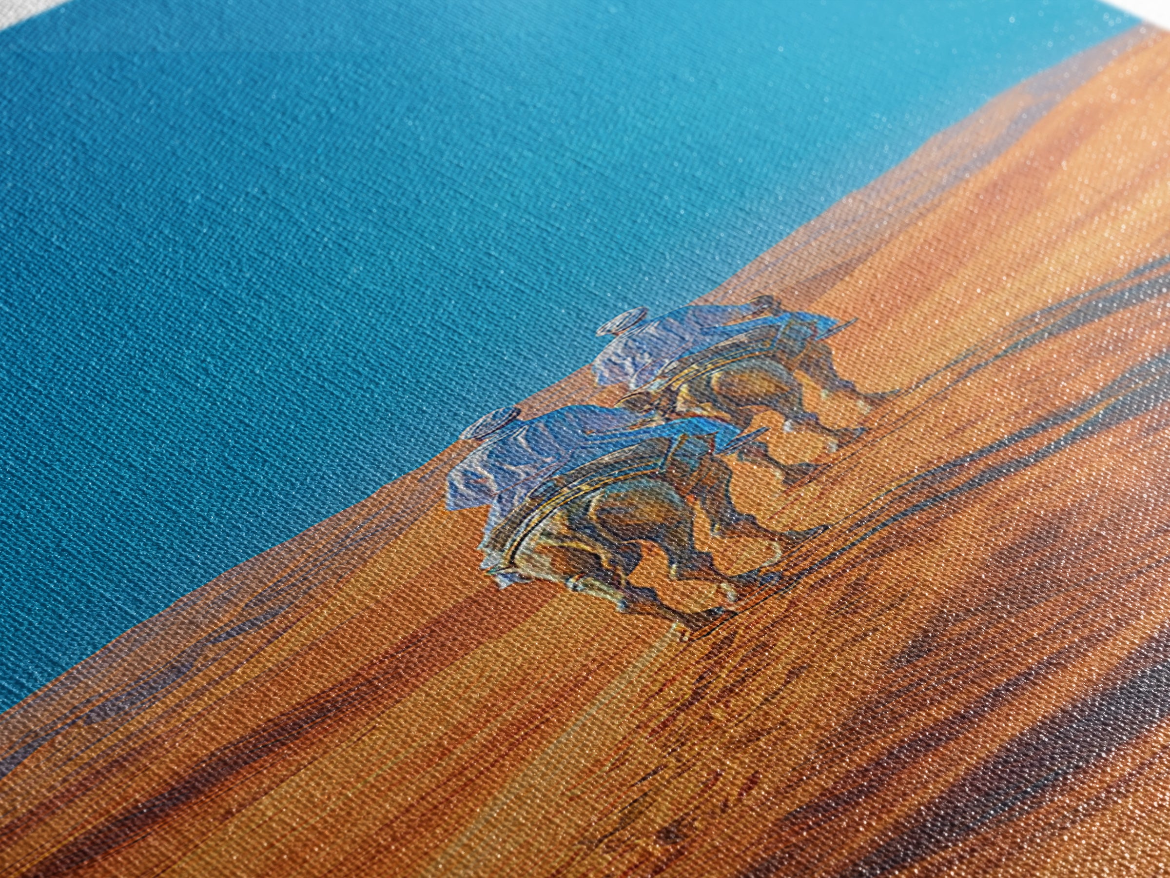 Blue Nomad Riders Crossing Orange Desert Dunes Wall Art, African Safari Decor, Modern Canvas, Boho Living Room Artwork Prints