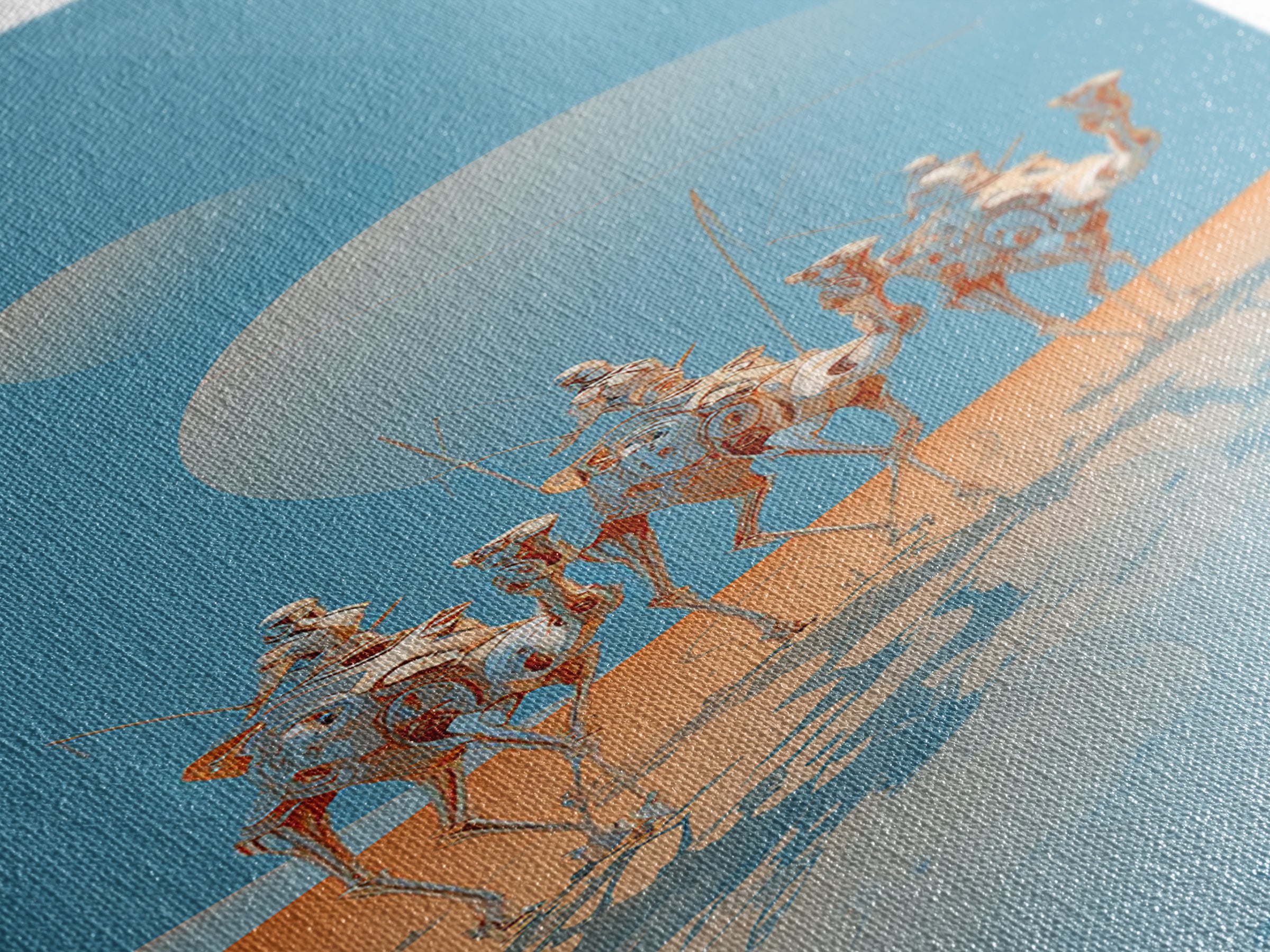 White Camel Riders Beneath Pale Blue Moons Framed Canvas Print, African Safari Art, Dreamy Desert Decor, Unique Wall Artwork