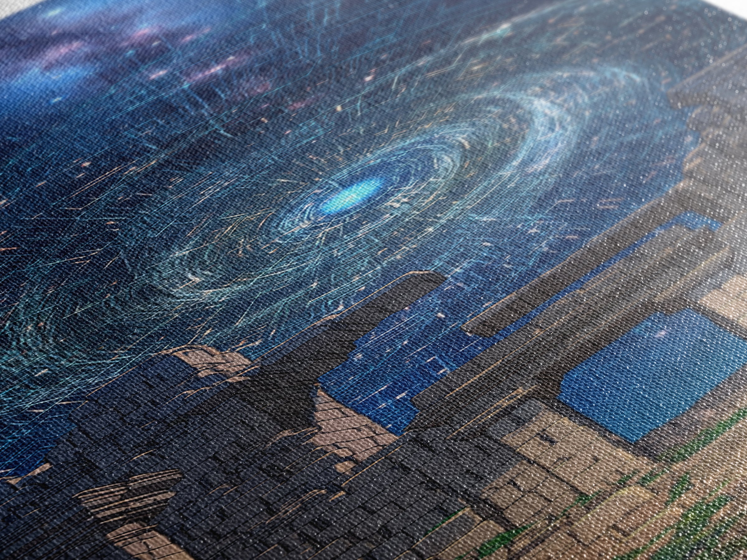 Cosmic Spiral Portal Over Ancient Ruins Canvas Print, Starry Galaxy Wall Decor, Mystical Wall Art, Blue Fantasy Gift For Her