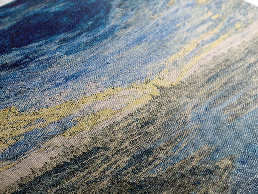 Blue Vortex Sky Above River Valley Wall Art, Abstract Landscape Canvas Print, Modern Nature Scene Art, Dreamy Home Decor