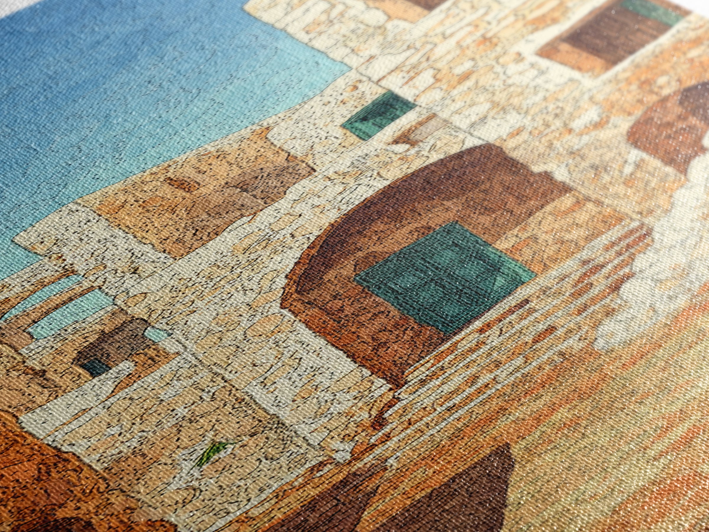 Sunlit Stone Medina Alley Canvas Print, Moroccan Blue Door Wall Art, African Travel Decor, Rustic Beige Home Decor Gift Print