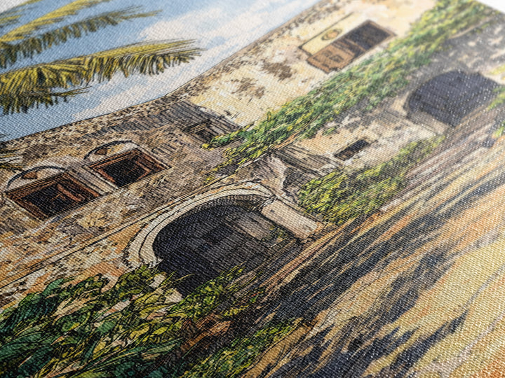 Tropical Ruin Courtyard Wall Art, Zanzibar Palm Architecture Canvas Print, African Travel Decor, Botanical Home Decor Gift