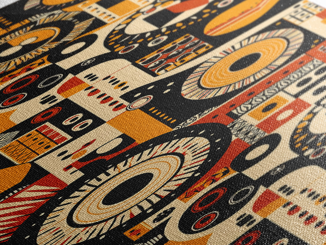 Orange Black African Pattern Collage Wall Art, Tribal Textile Inspired Canvas Print, Afrocentric Boho Home Decor Gift For Him