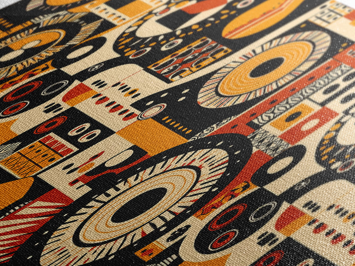 Orange Black African Pattern Collage Wall Art, Tribal Textile Inspired Canvas Print, Afrocentric Boho Home Decor Gift For Him