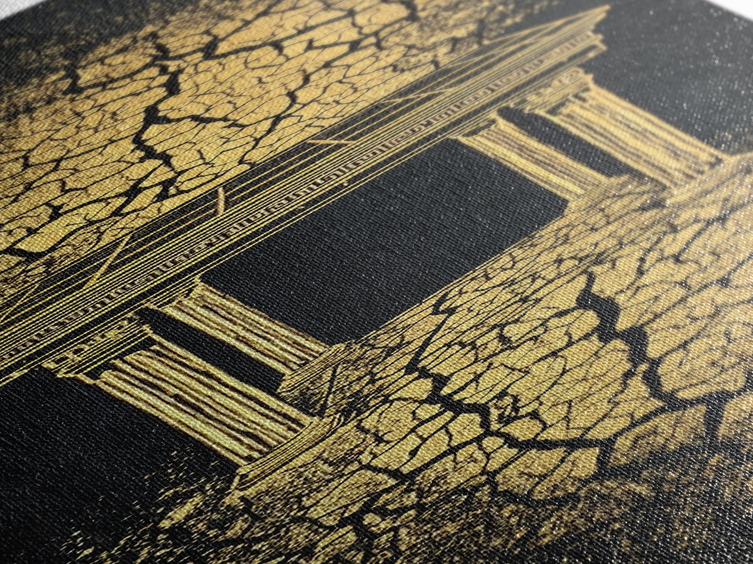 Golden Temple Portal Wall Art, Cracked Black Abstract African Inspired Decor, Ancient Ruins Canvas Print For Elegant Home