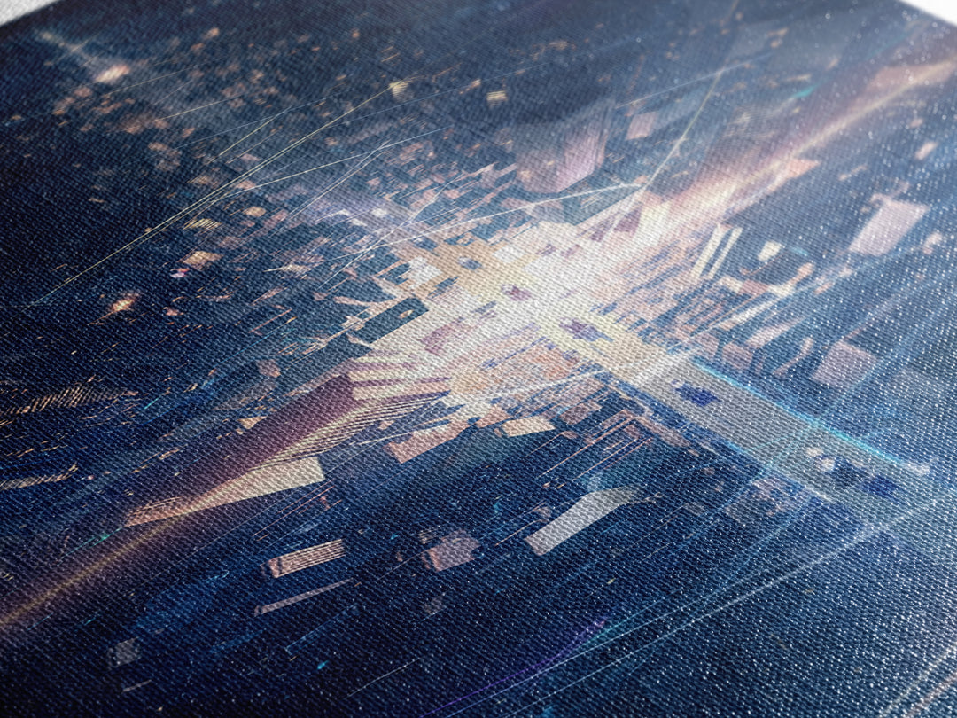 Futuristic Blue Light Tower In Dark Digital City, Canvas Print, Modern Abstract Wall Art, Afrofuturism Office Decor Gift