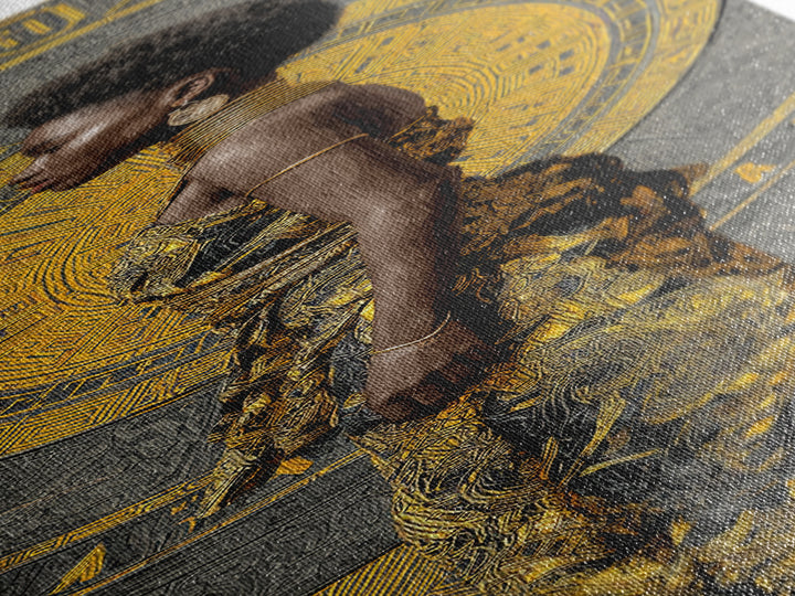 Elegant Black Woman In Gold Dress Canvas Print, African Portrait Wall Art, Afrocentric Fashion Decor, Modern Cultural Gift