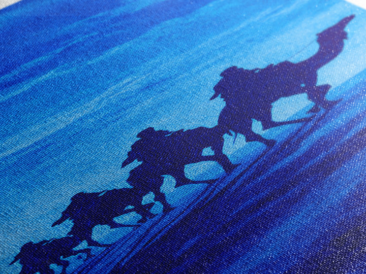 Bright Blue Camel Caravan Canvas Print, African Travel Wall Art, Sahara Desert Decor, Minimal Safari Artwork For Serene Home