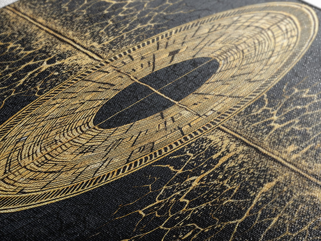 Gold Tribal Sun Disc On Cracked Black Texture Wall Art, African Abstract Decor, Modern Afrocentric Canvas, Statement Home Decor