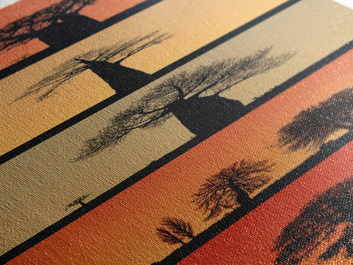 Minimal Baobab Horizon Panels, African Wall Art, Sunset Tree Silhouette, Modern Safari Decor, Vertical Framed Canvas Print
