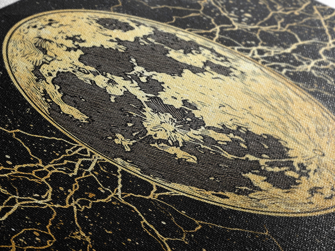 Golden Full Moon Wall Art, Black And Gold Celestial Canvas Print, Mystical Wall Decor, Abstract Night Sky Gift For Bedroom Home