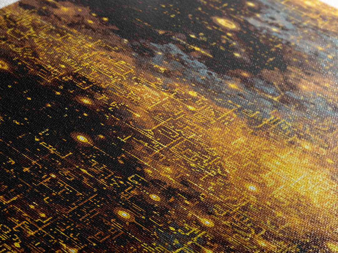Golden Futuristic Skyline Canvas Print, Abstract City Lights Wall Decor, Luxury Black Gold Modern Home Decor Statement Piece