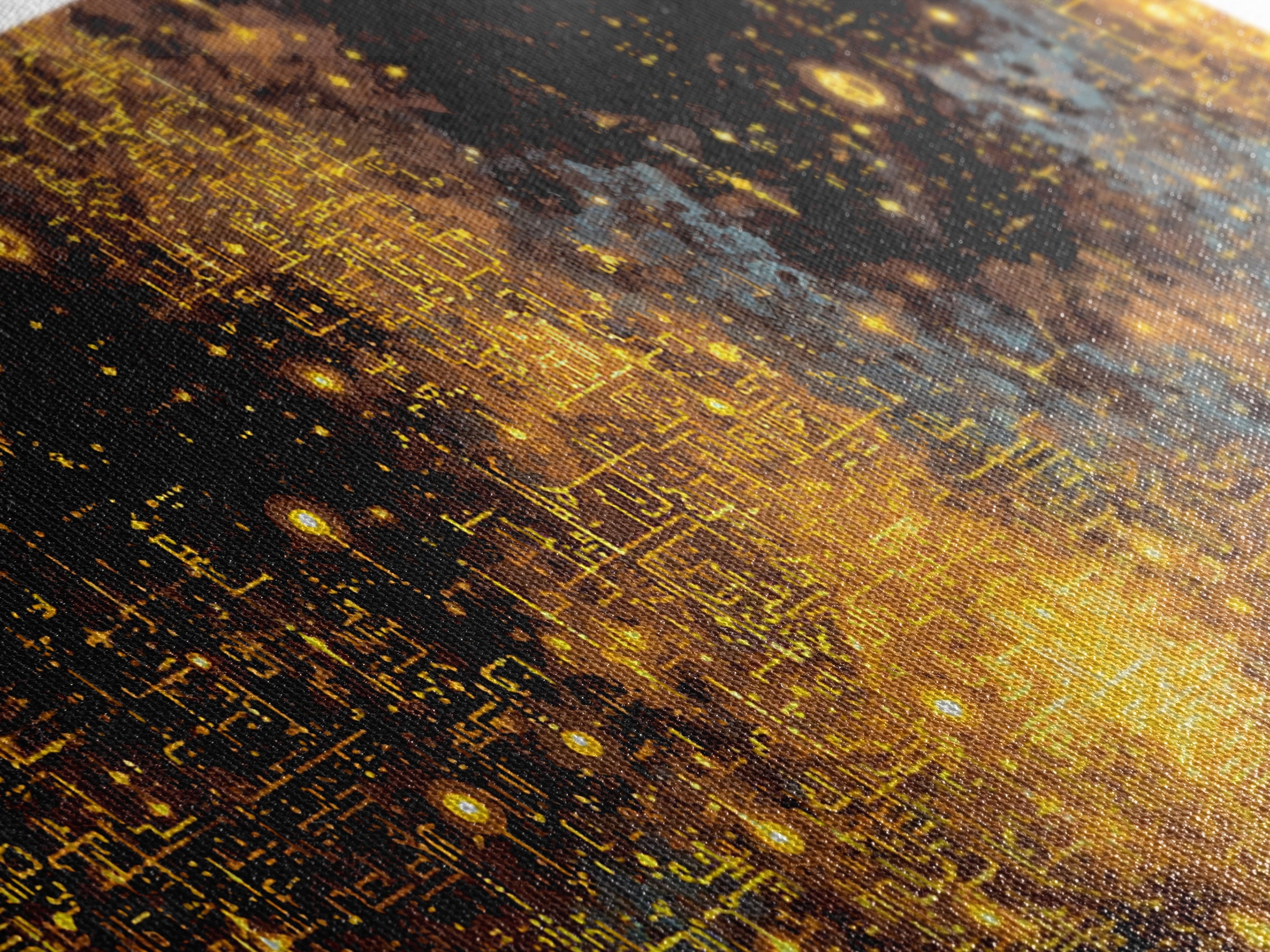 Golden Futuristic Skyline Canvas Print, Abstract City Lights Wall Decor, Luxury Black Gold Modern Home Decor Statement Piece
