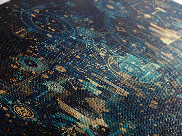 Teal Celestial Blueprint Wall Art, Abstract Science Diagram Canvas Decor, Modern Geometric Office Decor Unique Gift For Him