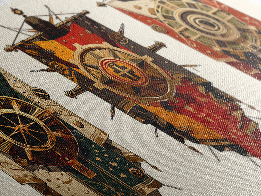 Three Ornate African Shield Banners Wall Art, Tribal Mask Canvas Print, Geometric Cultural Decor, Statement Wall Piece Gift
