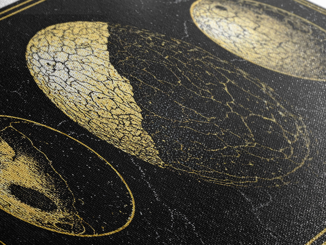 Gold Moon Phase Triptych Wall Art, Black Celestial Canvas Print, Lunar Astronomy Decor, Mystical Black And Gold Home Decor Gift