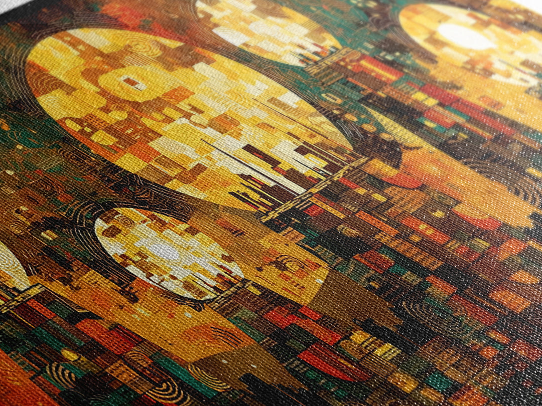 Golden Sun Mosaic City Wall Art, Abstract African Art Decor, Teal And Orange Canvas Print, Cultural Wall Art, Vibrant Decor