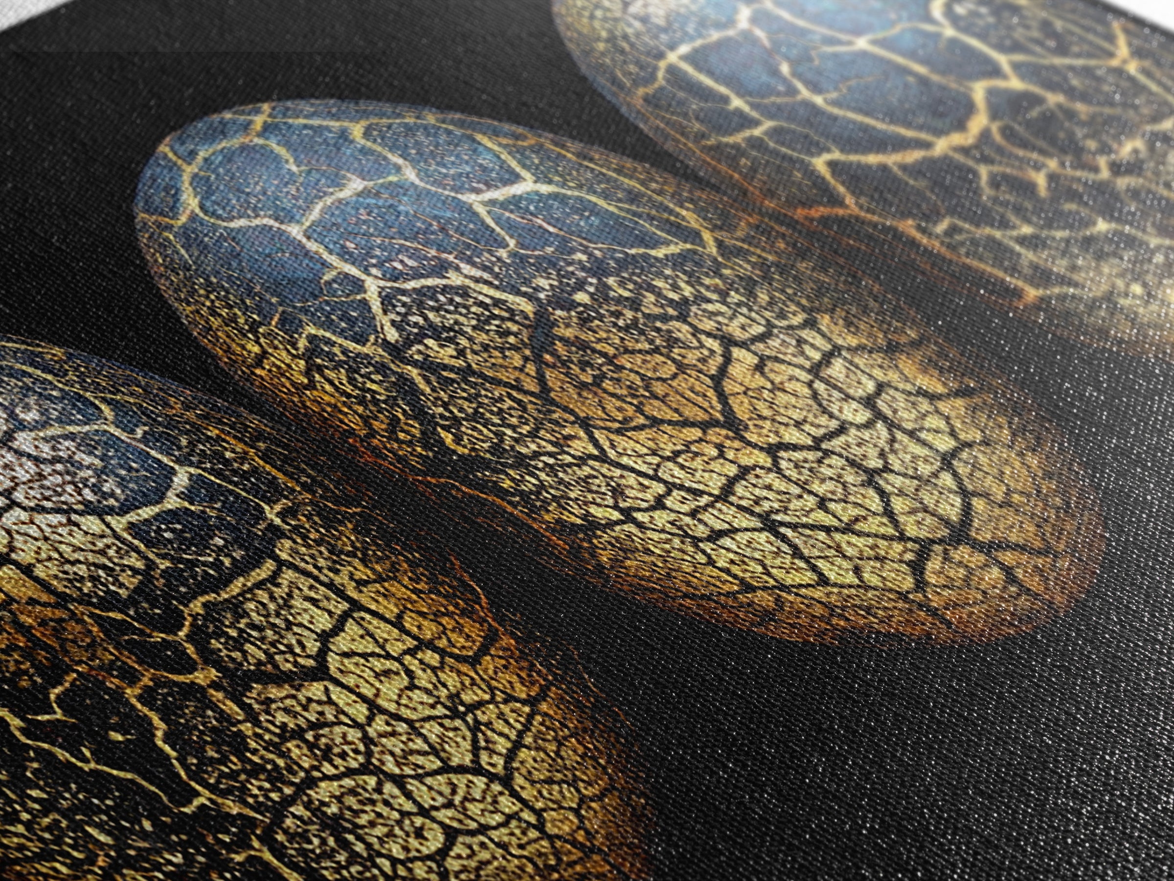 Three Cracked Gold Blue Planets Canvas Print, Celestial Abstract Wall Art, Black And Gold Art, Luxury Canvas Art, Office Decor