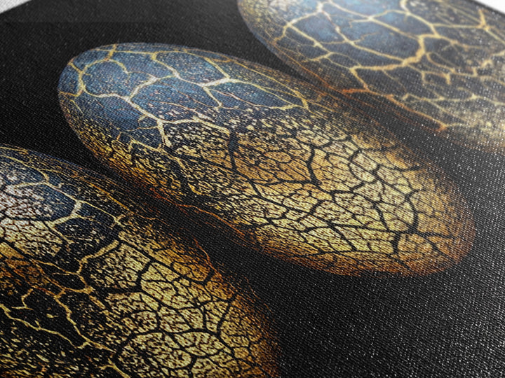 Three Cracked Gold Blue Planets Canvas Print, Celestial Abstract Wall Art, Black And Gold Art, Luxury Canvas Art, Office Decor