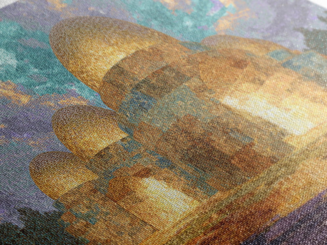 Glowing Golden Dome Palace Canvas Print, Dreamy Wall Art, African Inspired Architecture, Teal And Gold Decor, Elegant Home Art