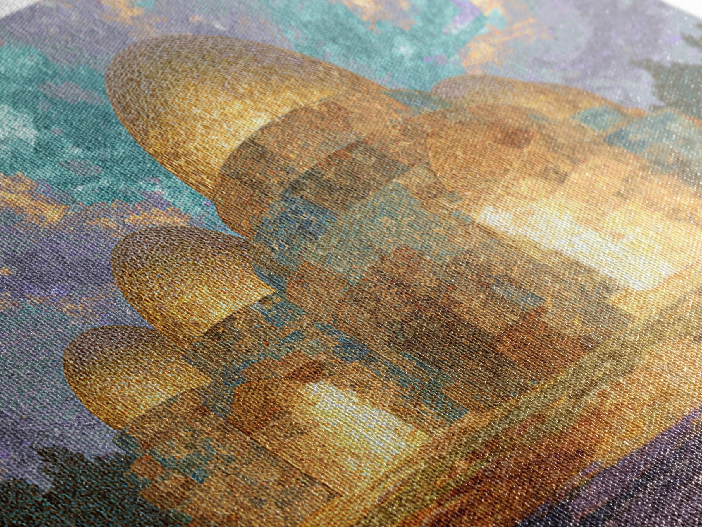 Glowing Golden Dome Palace Canvas Print, Dreamy Wall Art, African Inspired Architecture, Teal And Gold Decor, Elegant Home Art