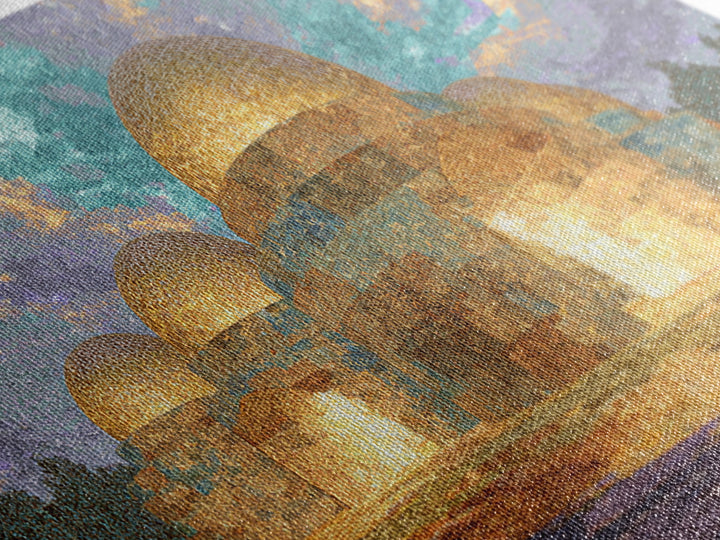 Glowing Golden Dome Palace Canvas Print, Dreamy Wall Art, African Inspired Architecture, Teal And Gold Decor, Elegant Home Art