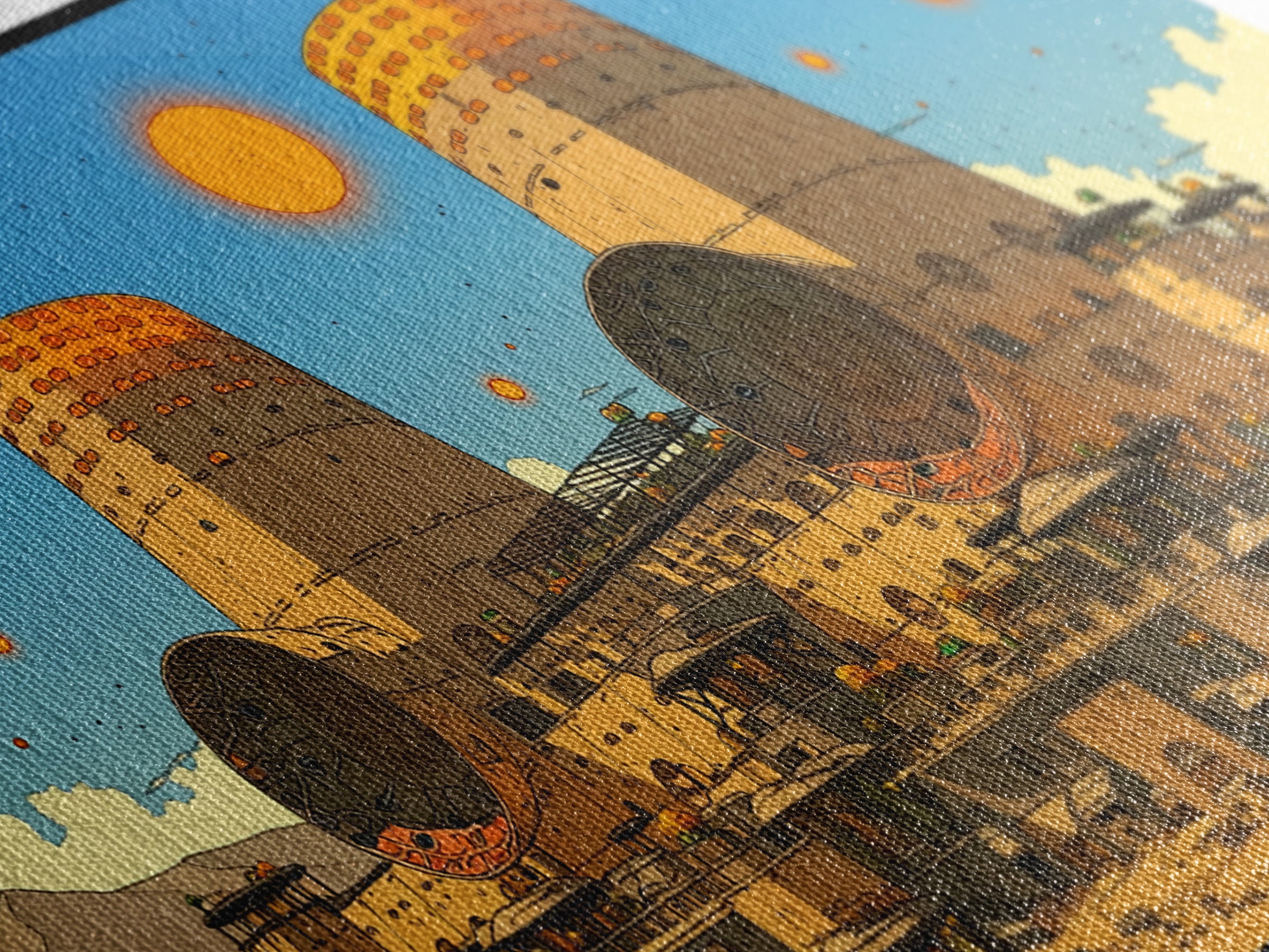 Desert Towers And Orange Suns Wall Art, Sci Fi African Inspired Settlement, Canvas Print, Modern Wall Decor, Unique Home Decor