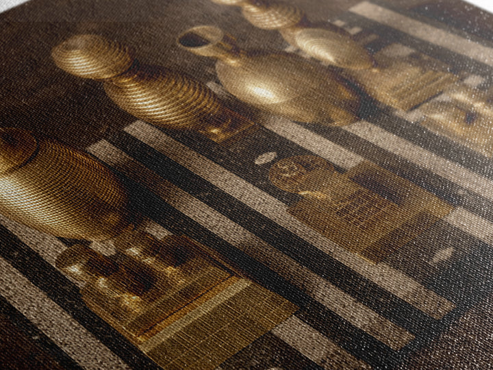 Golden Vessels On Striped Textile Wall Art, African Home Decor Canvas Print, Tribal Gold Still Life, Elegant Office Decor