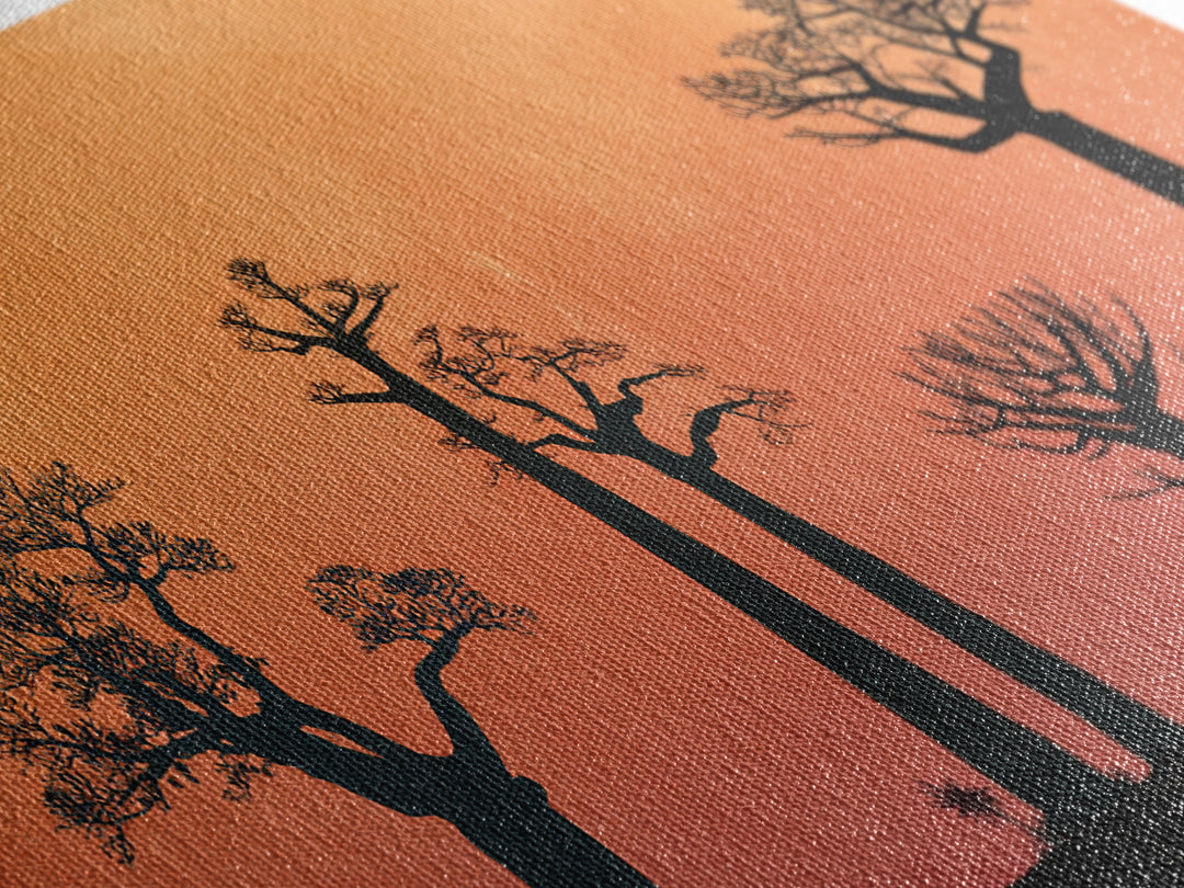 Minimal Baobab Grove Silhouette Canvas Print, African Landscape Wall Decor, Orange Sunset Safari Art, Boho Home Decor Gift