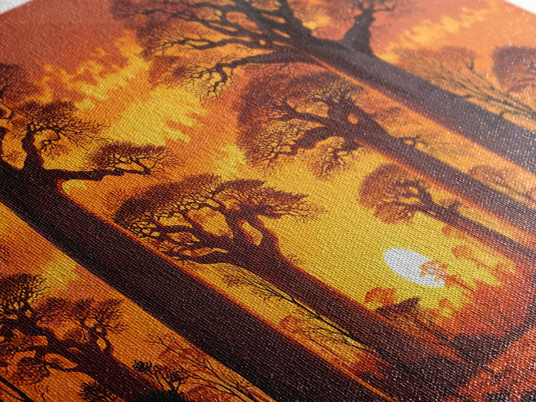 Fiery Baobab Avenue At Sunset Framed Canvas Print, African Safari Landscape Wall Decor, Dramatic Orange Statement Art Gift