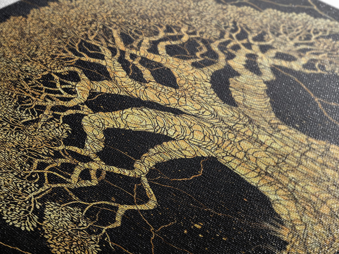 Golden Baobab Tree On Black Wall Art, African Tree Canvas Decor, Gold Crackle Safari Print, Elegant Statement Home Decor Gift