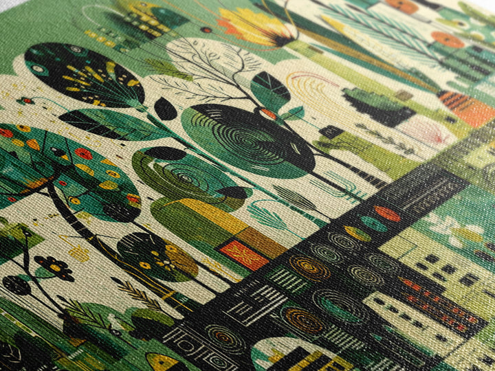 Green Abstract Botanical Cityscape Wall Art, African Patterns, Modern Afrocentric Canvas Print, Cultural Home Decor Gift
